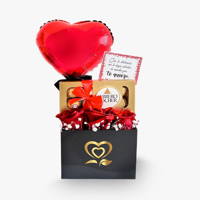 Caja con 3 Rosas, Ferrero Rocher y globo