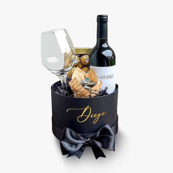 Box con Vino, copa, Ferrero Rocher y suculenta